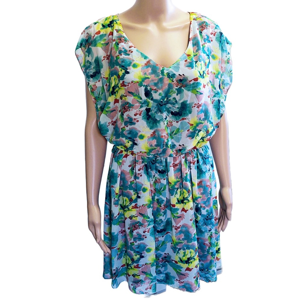 NWT $52 BY & BY FLORAL SHEER TURQUOISE FIT & FLARE POLYESTER LINED DRESS LARGE